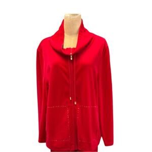 "ST. JOHN SPORT" Red Velvet Zip Jacket SZ L Drawstrings‎ Old Money Quiet Luxury